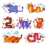 Dragon creatures, reptiles with wings and flames vector