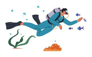 Man in diving suit and goggles swims underwater vector