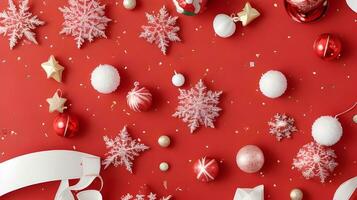 a red Merry Christmas background featuring confetti in various holiday-inspired shapes, such as ornaments and candy canes photo
