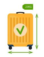 Baggage allowance. Wheeled suitcase with dimensional arrows and green confirmation check mark. Travel by plane, baggage rules. Vector illustration.