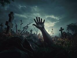 Zombie hand rising on tombstone in dark spooky night, halloween background, AI Generated photo