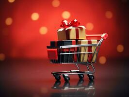 Shopping cart with gift boxes for black friday holiday concept, AI Generated photo