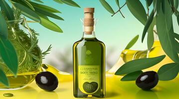 Olive oil in a bottle, green olives and olive tree branches ,Drop of oil splash. photo