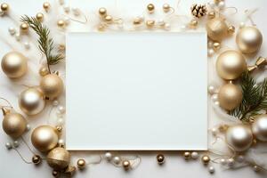 Flat lay of blank card on Christmas ornaments background, holiday concept,AI Generated photo