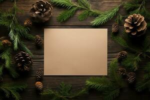 plano laico de blanco tarjeta en Navidad adornos fondo, fiesta concepto, ai generado foto
