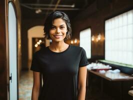 Attractive young woman wearing blank empty black t-shirt mockup for design template, AI Generated photo