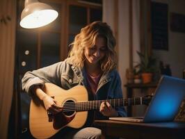 Young woman take lesson learning guitar from online course on laptop in her home, digital learning concept, AI Generated photo