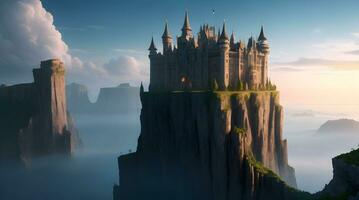 a scenic fantasy world HD wallpaper featuring floating islands, cascading waterfalls, and floating castles photo