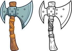 Viking axe cartoon style vector illustration, bearded axe, or Skeggox ,Norse weapon two sided axe colored and black and white line art