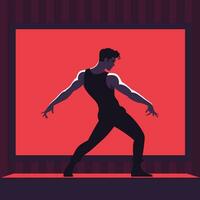 Dancer against a red backdrop flat style vector illustration, Male dancer dancing on a red-themed stage stock vector image