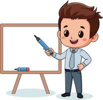 Male teacher with a whiteboard marker and a whiteboard in the background, cartoon style vector illustration, Cute teacher or a guy standing next to a whiteboard, stock vector image