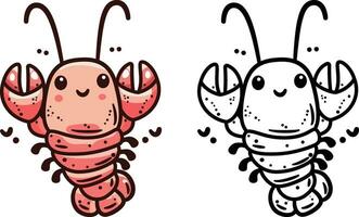 Cute lobster doodle style vector illustration, Cute langouste creature doodle cartoon style colored and black and white line art for coloring book stock vector image