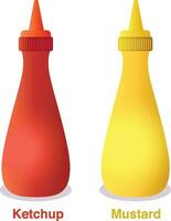 Ketchup and mustard bottles vector illustration, Yellow and red, catchup, catsup and sauce or cheese bottles stock vector image