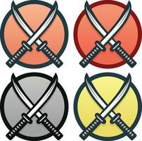 Pair of Katanas logo design template icon symbol vector illustration, Cross swords logo with a circle logo stock vector image