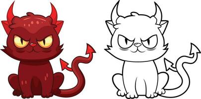 diablo gato dibujos animados vector ilustración, rojo gato con diablo cuernos y cola, mal gato, diablo gato de colores y negro y blanco valores vector imagen