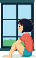 niña sentado en el piso y mirando fuera de el ventana plano estilo vector ilustración, niña Relajado por un ventana plano estilo valores vector imagen