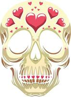 Skull with hearts vector illustration, Tattoo style Skull with hearts on forehead, colored and black and white stock vector image