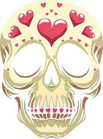 Skull with hearts vector illustration, Tattoo style Skull with hearts on forehead, colored and black and white stock vector image