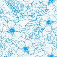 blue seamless floral pattern with hibiscus flowers and leaves vector