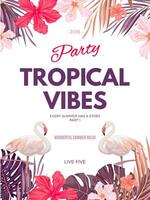 tropical verano volantes y póster diseño wuth flamenco y hibisco flores y palma hojas vector