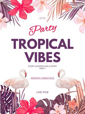 tropical summer flyer and poster design wuth flamingo and hibiscus flowers and palm leaves