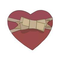 Vector illustration of nice red heart box with beige ribbon and luxurious bow. Image for postcard or sweets or gift box for New Year or Christmas