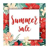 summer sale background with red flowers and leaves vector illustration