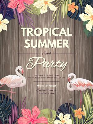 tropical summer party poster with flamingos and flowers