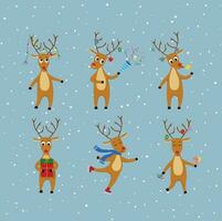 Set of cute reindeers flat vector in cartoon style on snowy background. Funny Christmas. Element for Merry Christmas concept