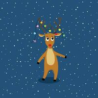 Cute reindeer with string light flat vector in cartoon style. Christmas concept.