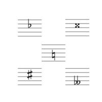 Accidentals and Key signatures on staff set flat vector isolated on white background. Black musical notation symbol. Music concept.