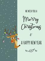 Christmas greeting card flat vector in cartoon style. Cute reindeer with string light on horn on snowy background. Merry Christmas concept