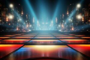 Stage with red carpet and spotlights, Stage Podium Scene, Stage Background Lighting equipment Stage Spotlight background Generative AI photo