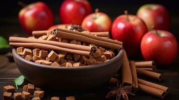 a image of Bowl with cinnamon sticks, apples and spices on dark wooden background Generative AI photo