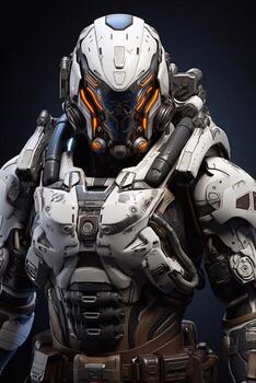 3D rendering of a male robot isolated on a black background. Generative AI photo