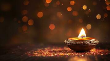 diwali antecedentes con Copiar espacio. un iluminado vela en un de madera mesa, con un borroso bokeh antecedentes de luces. Perfecto para publicidad, pancartas, y social medios de comunicación publicaciones generativo ai foto