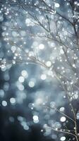 Sparkling silver branches on a light silver blur background, creating a magical. Template for Christmas and New Year cards, social media posts, and website designs. Copy space. Generative AI photo