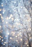Sparkling silver branches on a light silver blur background, creating a magical. Template for Christmas and New Year cards, social media posts, and website designs. Copy space. Generative AI photo