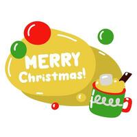 Vector conversational yellow ball with the inscription merry Christmas with a cocoa mug isolated on a white background. New Year's greetings. Design of a Christmas greeting card, banner, poster