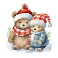 linda Navidad acuarela osito de peluche oso en un sombrero y bufanda. png
