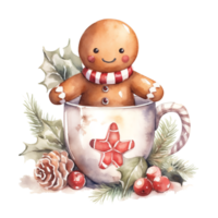 Watercolor Christmas sticker with Christmas Eve. Cup with gingerbread, Christmas tree and pine cones. png