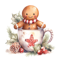 Aquarell Weihnachten Aufkleber mit Weihnachten Vorabend. Tasse mit Lebkuchen, Weihnachten Baum und Kiefer Zapfen. png