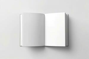 Blank opened book mockup, top view, isolated on white background. Generative AI photo