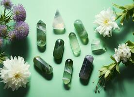 Crystal towers minerals set and white flowers on green abstract background. Generative AI photo