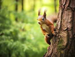 Beautiful squirrel on a tree in a forest park in the summer. Generative AI photo