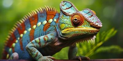 A colorful close up chameleon with a high crest on its head. Generative AI photo