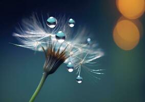 Beautiful dew drops on a dandelion seed macro. Beautiful blue background. Generative AI photo