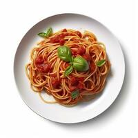 Delicious Plate of Spaghetti with Tomato Sauce on a White Background Generative AI photo