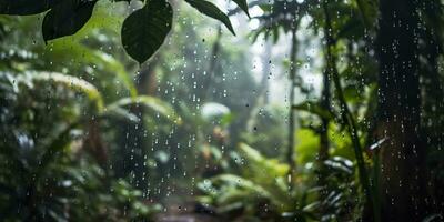 Rain falls in a rainforest with the rain drops. Generative AI photo