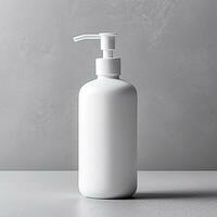 Cosmetic rounded all white soap bottle mockup on white table. AI Generative photo